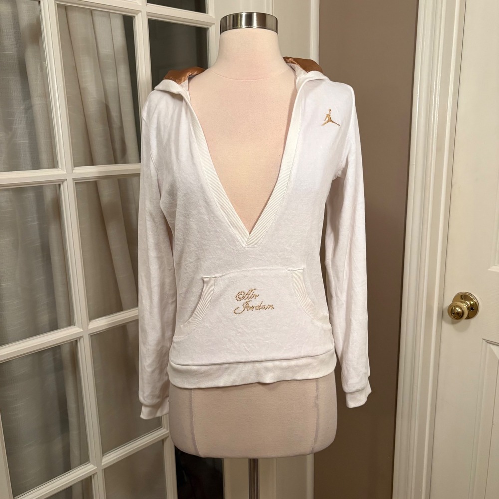 Nike Air Jordan Women's M White Gold V-Neck Hoodie‎ Satin Hood Respect Script
